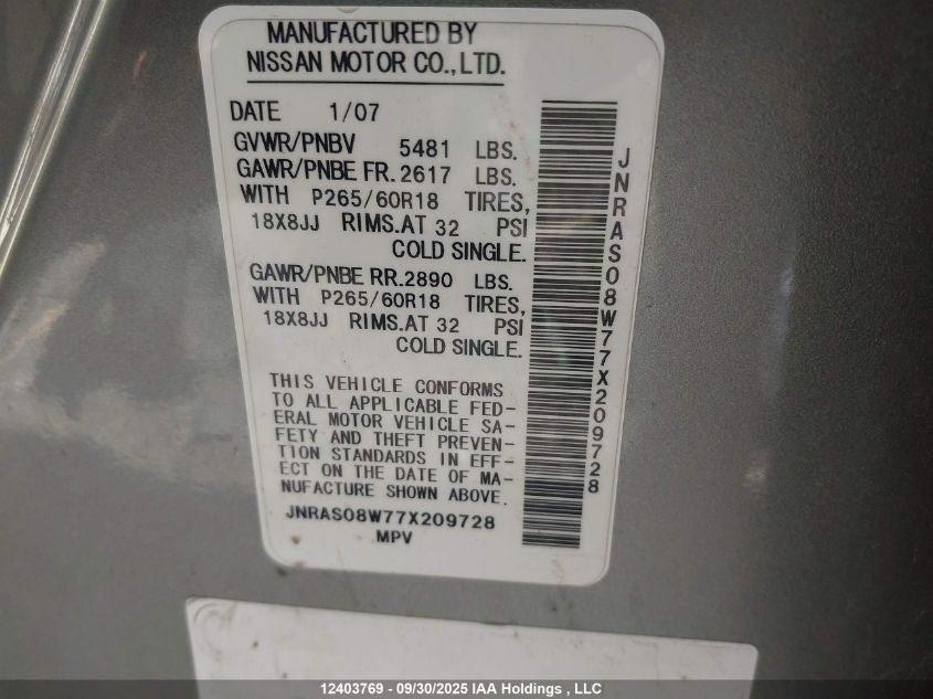 2007 Infiniti Fx35 VIN: JNRAS08W77X209728 Lot: 12403769