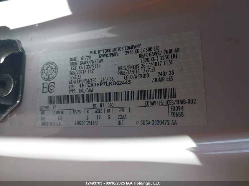 1FTEX1EP7LKD62445 2020 FORD F-150 photo no. 9