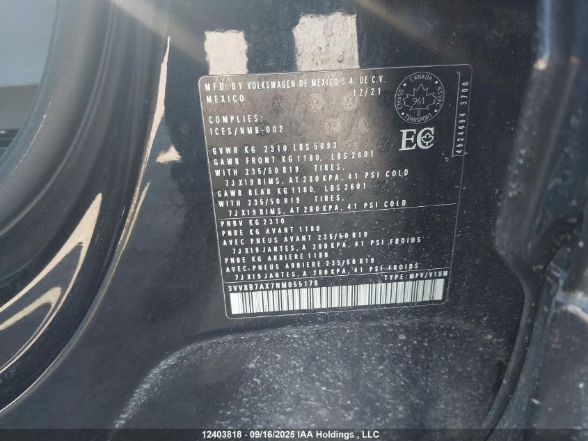 2022 Volkswagen Tiguan VIN: 3VV8B7AX7NM055178 Lot: 12403818