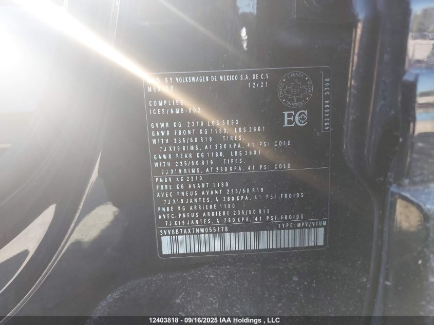 2022 Volkswagen Tiguan VIN: 3VV8B7AX7NM055178 Lot: 12403818
