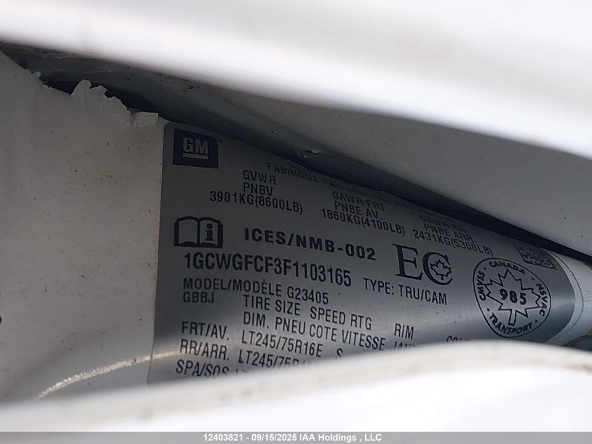 2015 Chevrolet Express G2500 VIN: 1GCWGFCF3F1103165 Lot: 12403821