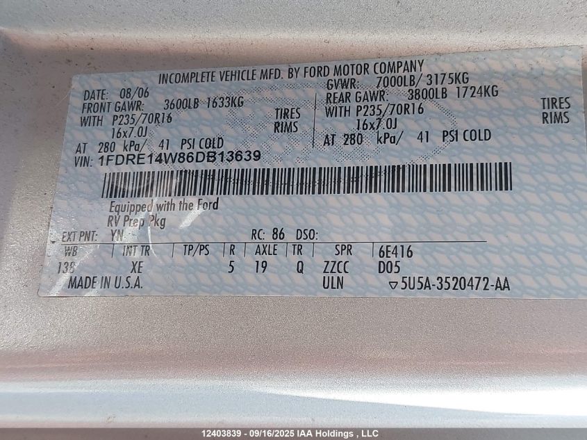 2006 Ford Econoline E150 Van VIN: 1FDRE14W86DB13639 Lot: 12403839