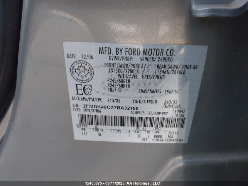 2007 Ford Edge Sel Plus VIN: 2FMDK49CX7BA32166 Lot: 12403875