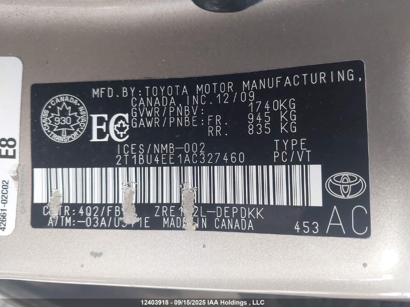 2010 Toyota Corolla S/Le/Xle VIN: 2T1BU4EE1AC327460 Lot: 12403918