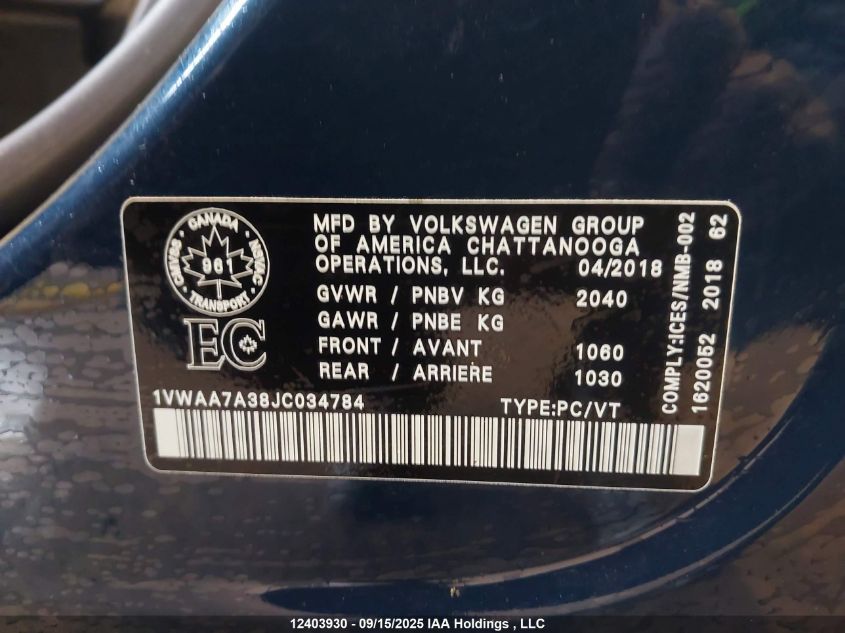 2018 Volkswagen Passat S/R-Line VIN: 1VWAA7A38JC034784 Lot: 12403930