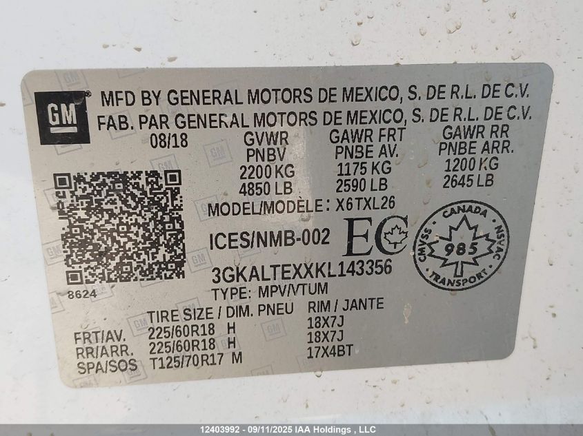 2019 GMC Terrain Sle VIN: 3GKALTEXXKL143356 Lot: 12403992