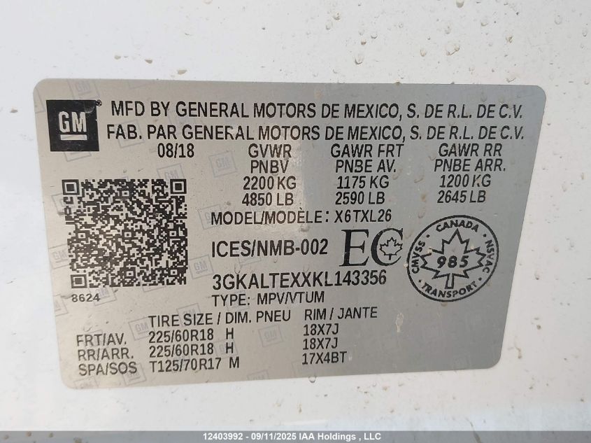 2019 GMC Terrain Sle VIN: 3GKALTEXXKL143356 Lot: 12403992