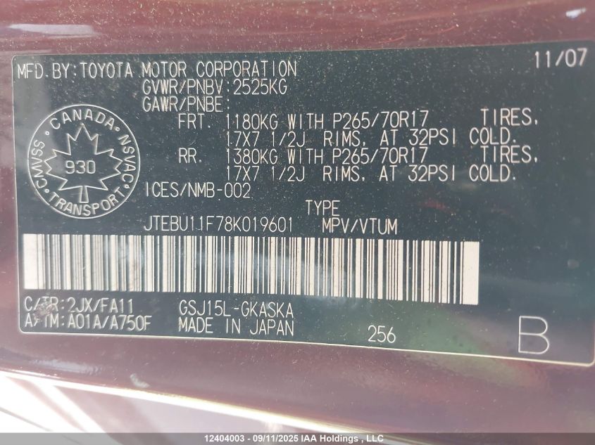 2008 Toyota Fj Cruiser VIN: JTEBU11F78K019601 Lot: 12404003