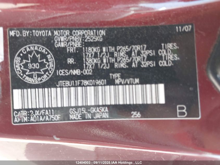 2008 Toyota Fj Cruiser VIN: JTEBU11F78K019601 Lot: 12404003