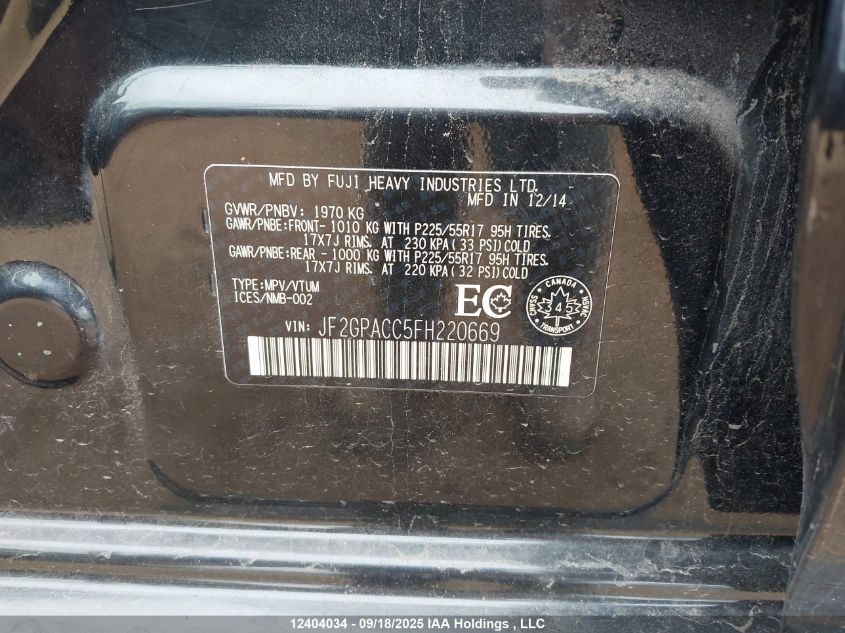 2015 Subaru Xv Crosstrek Sport Package/Touring VIN: JF2GPACC5FH220669 Lot: 12404034