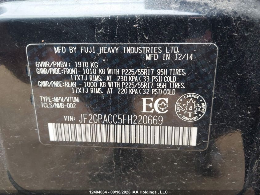 2015 Subaru Xv Crosstrek Sport Package/Touring VIN: JF2GPACC5FH220669 Lot: 12404034
