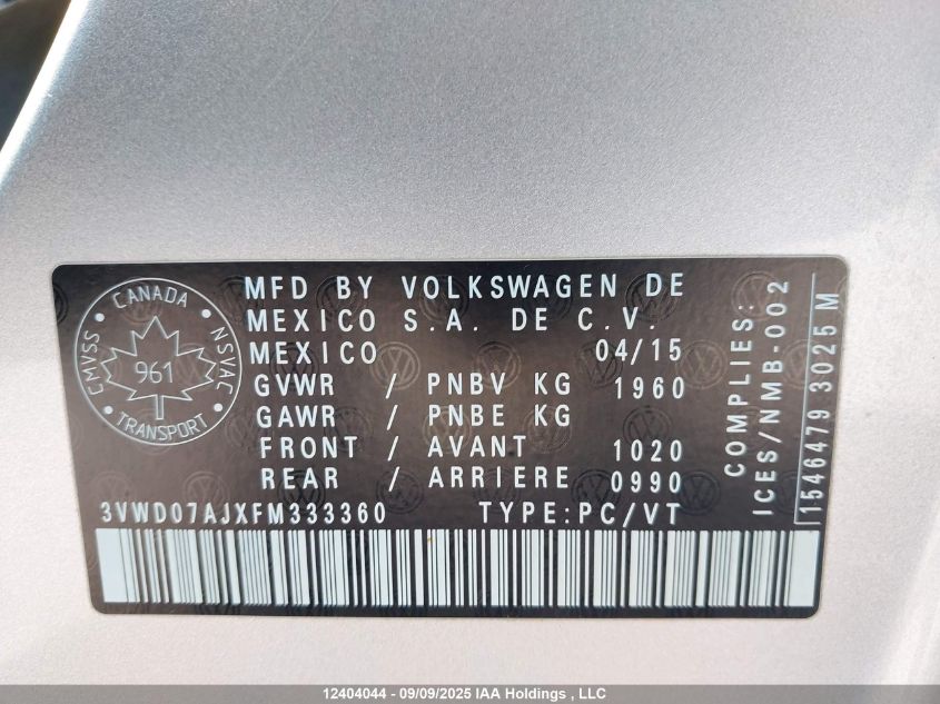 2015 Volkswagen Jetta Se VIN: 3VWD07AJXFM333360 Lot: 12404044