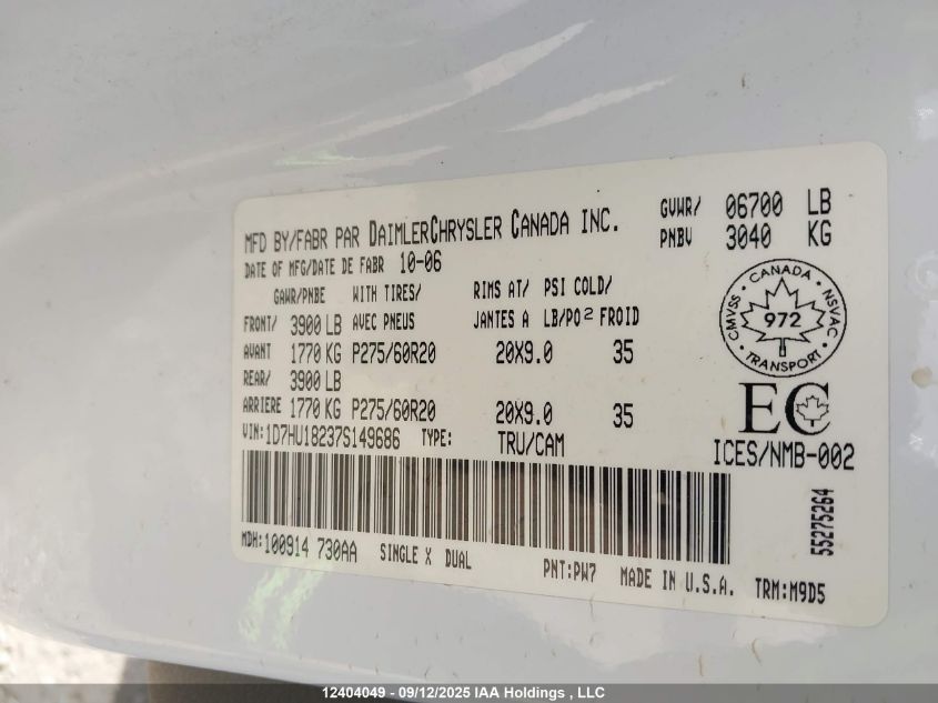 2007 Dodge Ram 1500 St/Slt VIN: 1D7HU18237S149686 Lot: 12404049