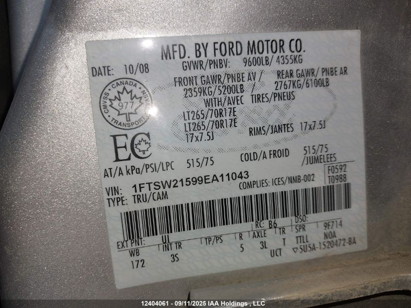 2009 Ford F250 Super Duty VIN: 1FTSW21599EA11043 Lot: 12404061