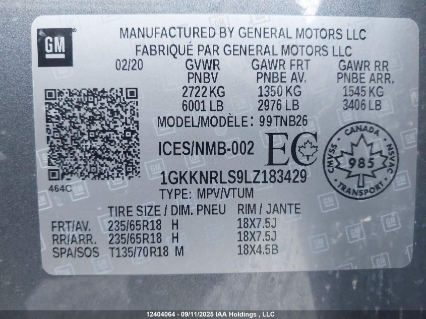 2020 GMC Acadia Sle VIN: 1GKKNRLS9LZ183429 Lot: 12404064