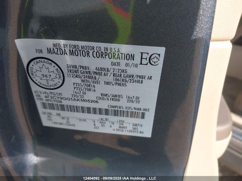 2010 Mazda Tribute Gs V6/Gt V6/Gx V6 VIN: 4F2CY9GG1AKM05206 Lot: 12404092