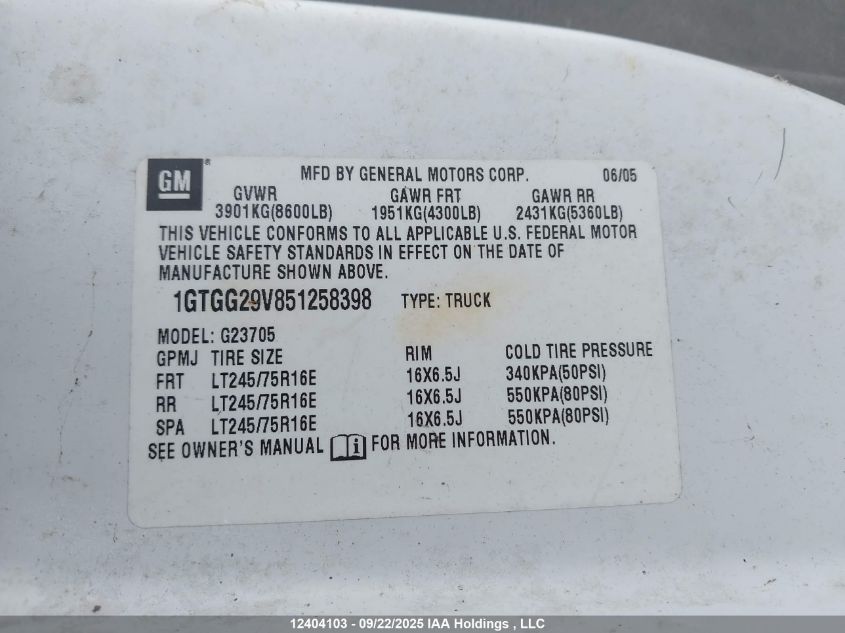 2005 GMC Savana Standard VIN: 1GTGG29V851258398 Lot: 12404103
