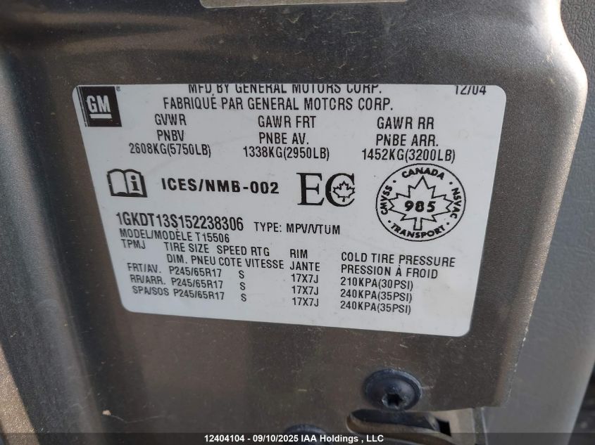 2005 GMC Envoy VIN: 1GKDT13S152238306 Lot: 12404104