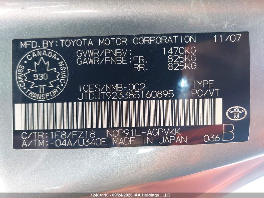 2008 Toyota Yaris VIN: JTDJT923385160895 Lot: 12404116