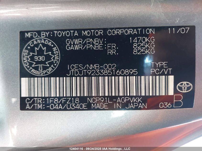 2008 Toyota Yaris VIN: JTDJT923385160895 Lot: 12404116