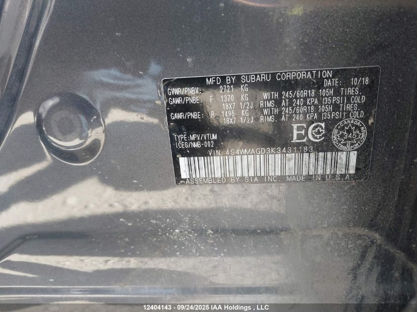 2019 Subaru Ascent Touring VIN: 4S4WMAGD3K3431183 Lot: 12404143