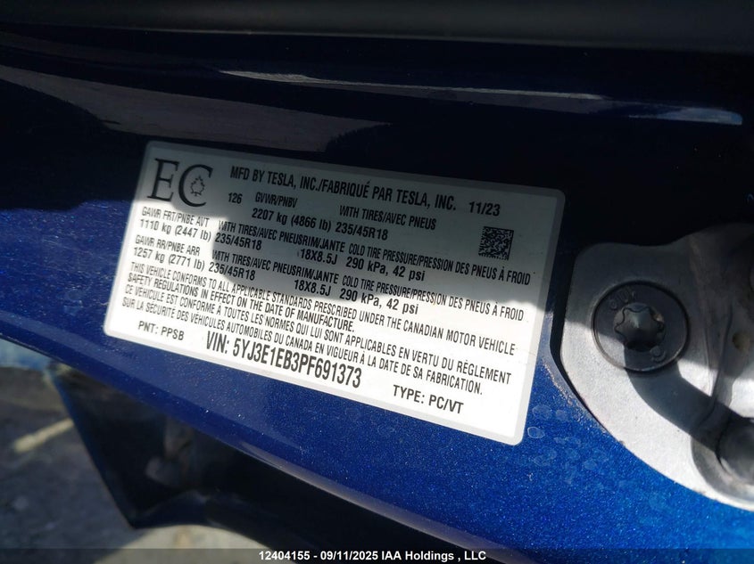 5YJ3E1EB3PF691373 2023 TESLA MODEL 3 photo no. 9