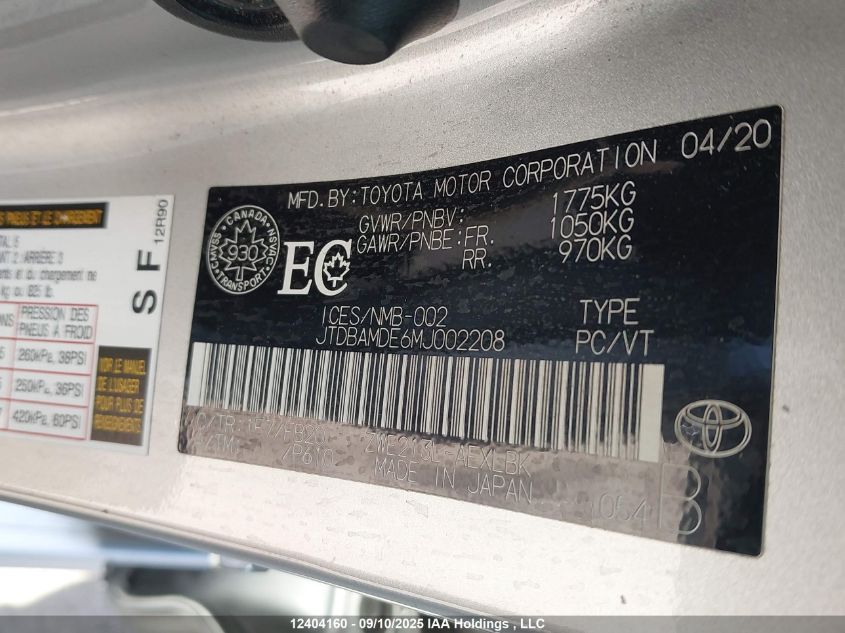 2021 Toyota Corolla Hybrid Base W/Li Battery VIN: JTDBAMDE6MJ002208 Lot: 12404160