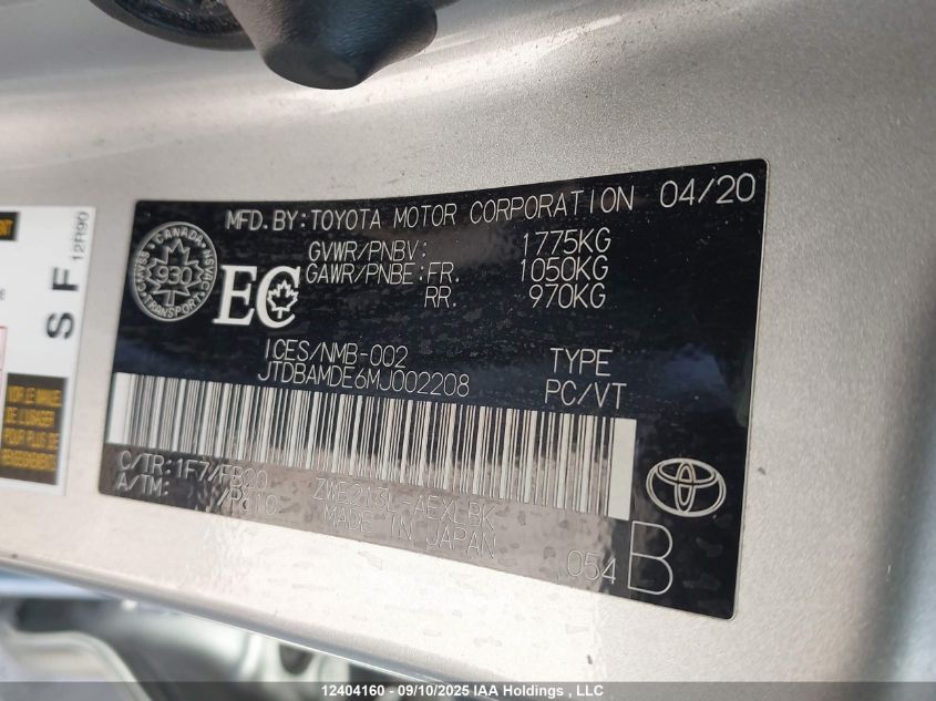 2021 Toyota Corolla Hybrid Base W/Li Battery VIN: JTDBAMDE6MJ002208 Lot: 12404160