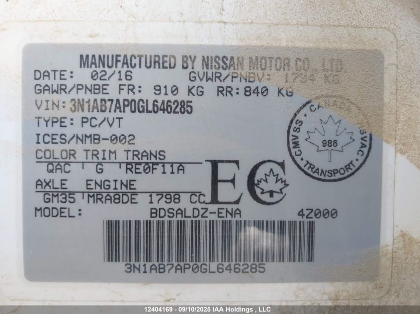 2016 Nissan Sentra 1.8 S/1.8 Sl/1.8 Sr/1.8 Sv VIN: 3N1AB7AP0GL646285 Lot: 12404169