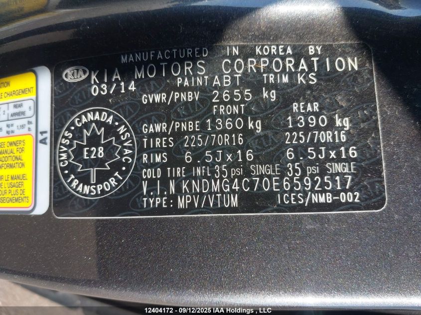 2014 Kia Sedona Lx VIN: KNDMG4C70E6592517 Lot: 12404172