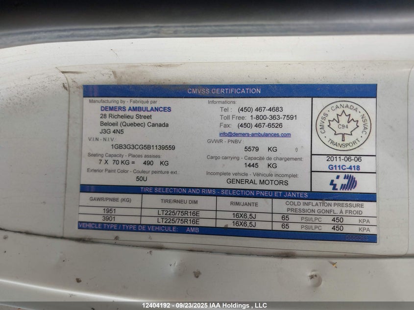 1GB3G3CG5B1139559 2011 CHEVROLET EXPRESS photo no. 9