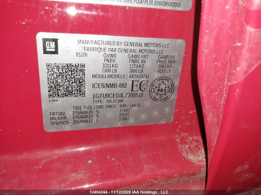 2020 GMC Sierra 1500 Elevation VIN: 1GTU9CED4LZ205518 Lot: 12404244