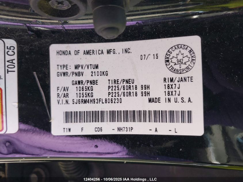 2015 Honda Cr-V Touring VIN: 5J6RM4H93FL806230 Lot: 12404256