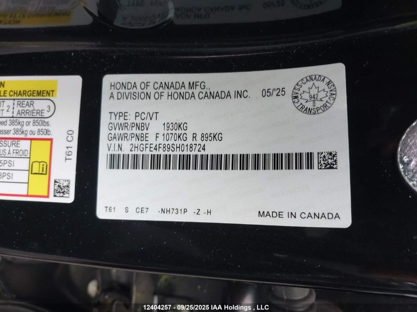 2025 Honda Civic Sport/Sport Touring VIN: 2HGFE4F89SH018724 Lot: 12404257