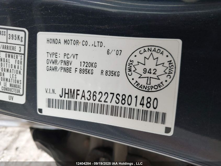 2007 Honda Civic Hybrid VIN: JHMFA36227S801480 Lot: 12404284