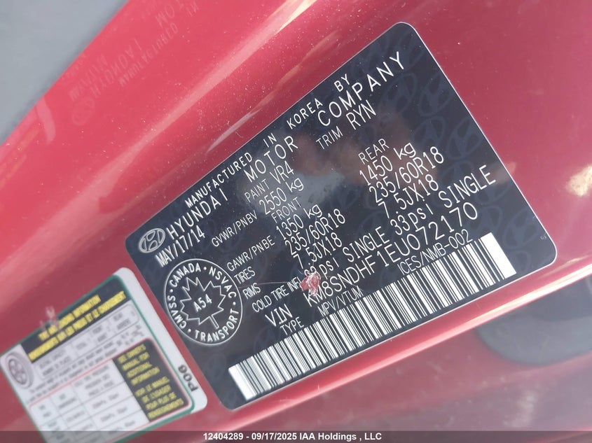 2014 Hyundai Santa Fe Xl Luxury VIN: KM8SNDHF1EU072170 Lot: 12404289