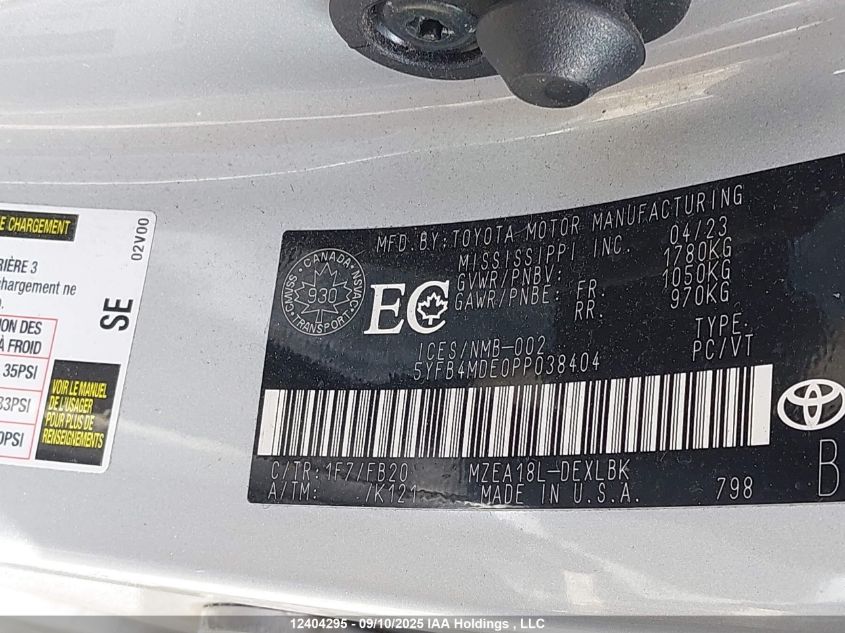 2023 Toyota Corolla Le VIN: 5YFB4MDE0PP038404 Lot: 12404295