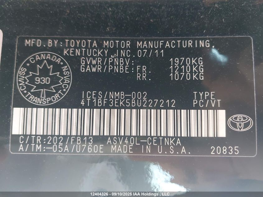 2011 Toyota Camry Se/Le/Xle VIN: 4T1BF3EK5BU227212 Lot: 12404326