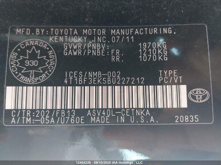 2011 Toyota Camry Se/Le/Xle VIN: 4T1BF3EK5BU227212 Lot: 12404326