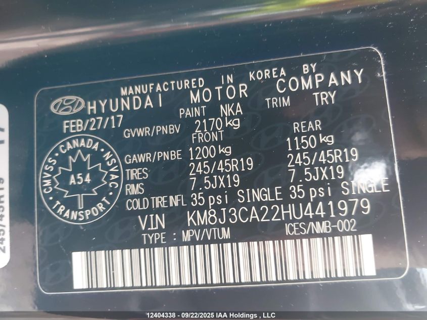 2017 Hyundai Tucson Limited/Sport And Eco/Se VIN: KM8J3CA22HU441979 Lot: 12404338