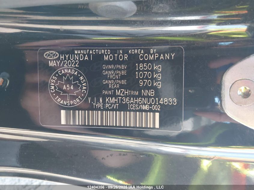 2022 Hyundai Veloster N Dct VIN: KMHT36AH6NU014833 Lot: 12404356