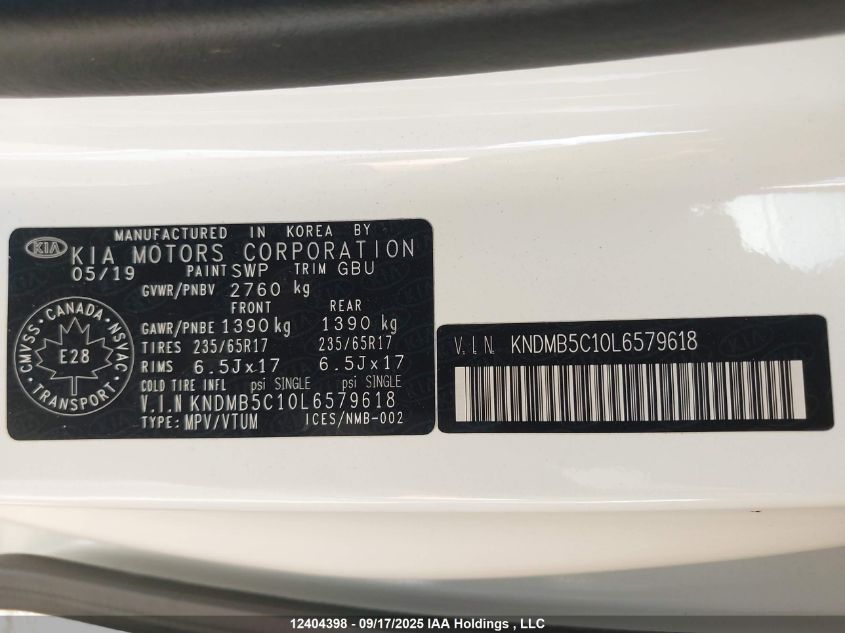 2020 Kia Sedona Lx/Ex VIN: KNDMB5C10L6579618 Lot: 12404398