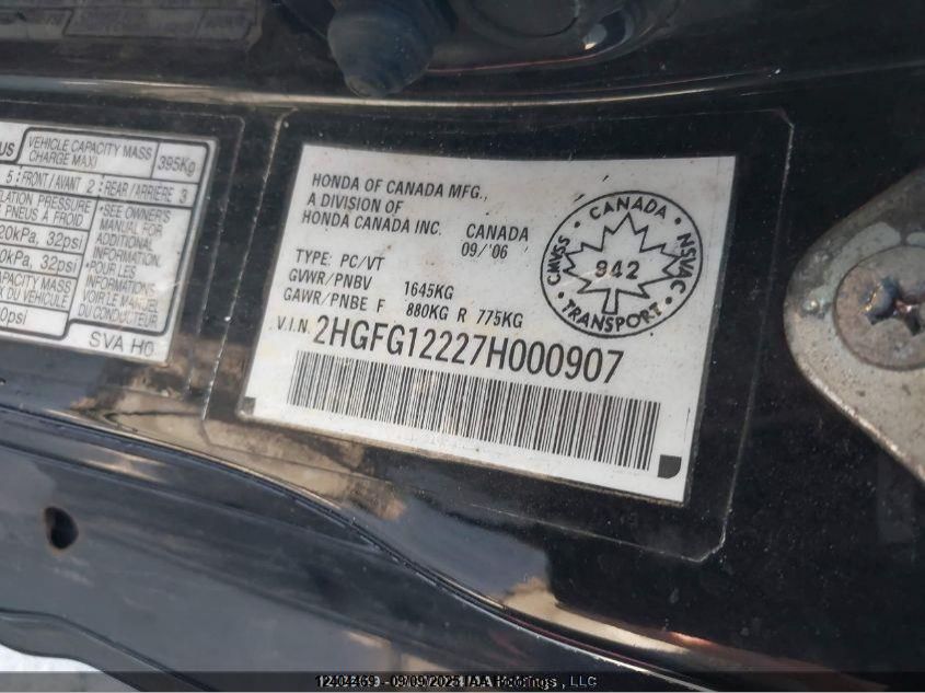 2007 Honda Civic Cpe VIN: 2HGFG12227H000907 Lot: 12404469