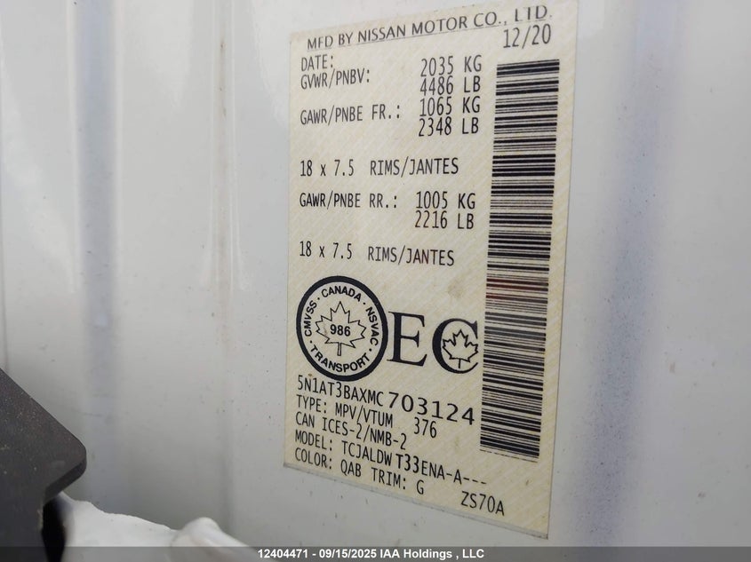 2021 Nissan Rogue Sv VIN: 5N1AT3BAXMC703124 Lot: 12404471