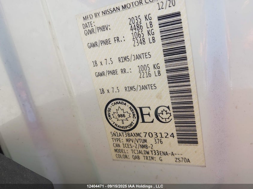 2021 Nissan Rogue Sv VIN: 5N1AT3BAXMC703124 Lot: 12404471