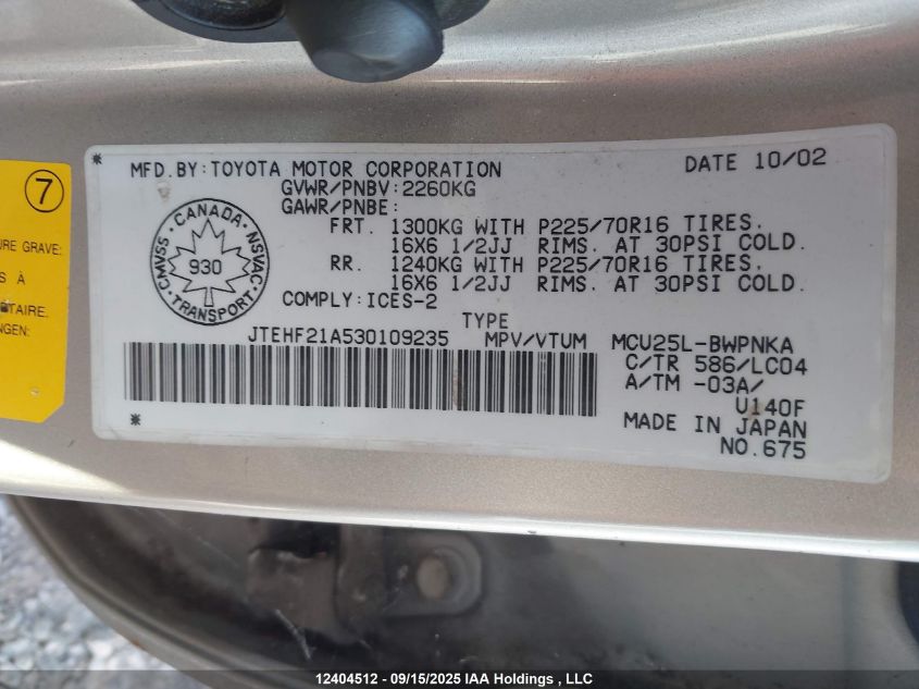 2003 Toyota Highlander Limited VIN: JTEHF21A530109235 Lot: 12404512