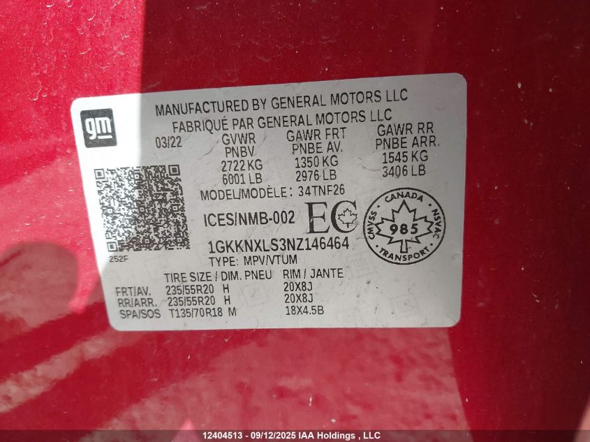 2022 GMC Acadia Denali VIN: 1GKKNXLS3NZ146464 Lot: 12404513