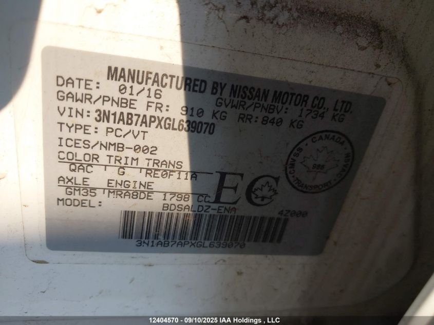 2016 Nissan Sentra S/Sv/Sr/Sl VIN: 3N1AB7APXGL639070 Lot: 12404570