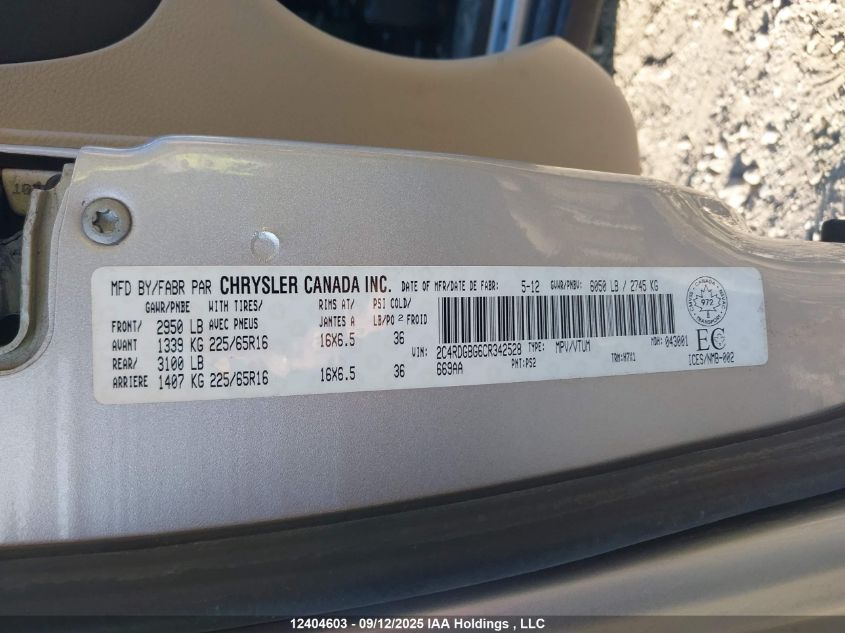 2012 Dodge Grand Caravan Se/Sxt VIN: 2C4RDGBG6CR342528 Lot: 12404603