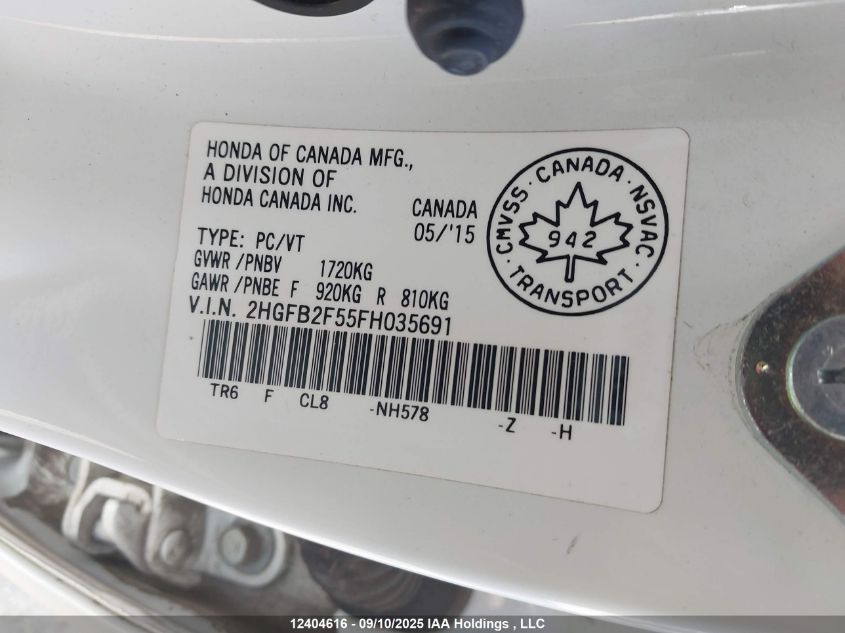 2015 Honda Civic Lx VIN: 2HGFB2F55FH035691 Lot: 12404616